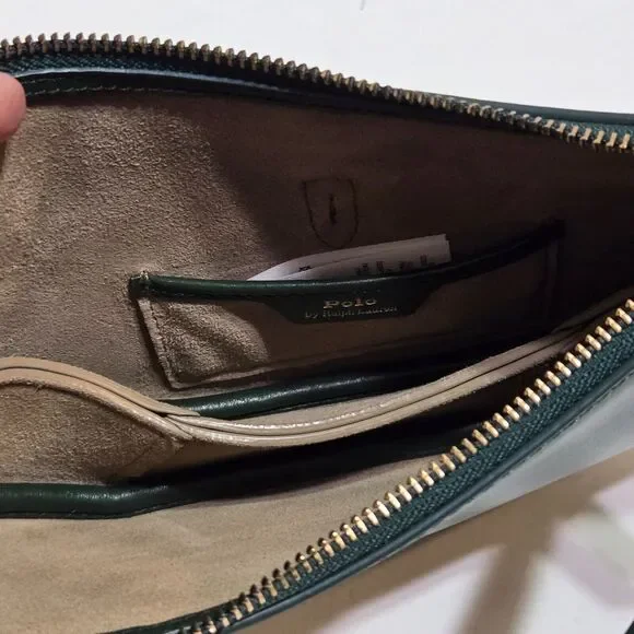 POLO RALPH LAUREN ID Leather Shoulder Bag Racing Green Gold small Crescent Purse - Picture 11 of 12